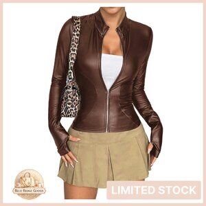 Faux Leather Jacket Slim Fit Zip Up Winter Coat Chic Street Style Outerwear